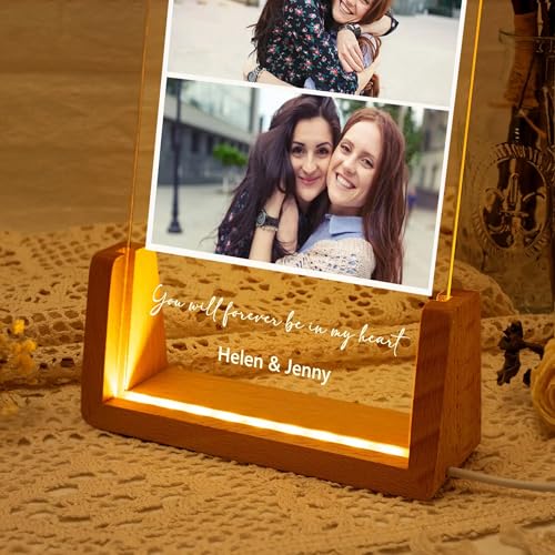 Image of Friendship Day Custom Photo Collage LED Lamp, Personalised Acrylic Night Light for Best Friends, Warm White, Wooden Base, Touch Control, Modern Style (Bestie 5)