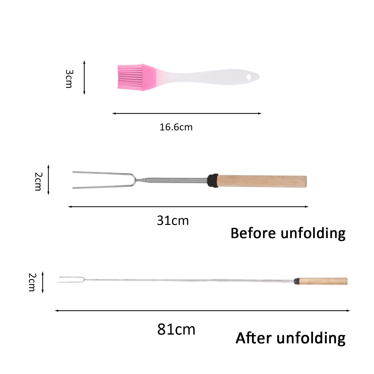 6 fourchettes à barbecue, 1 brosse à huile rose, brochettes télescopiques, barres en acier inoxydable, barres de barbecue, baguettes de barbecue rétractables, baguettes de barbecue à guimauve,