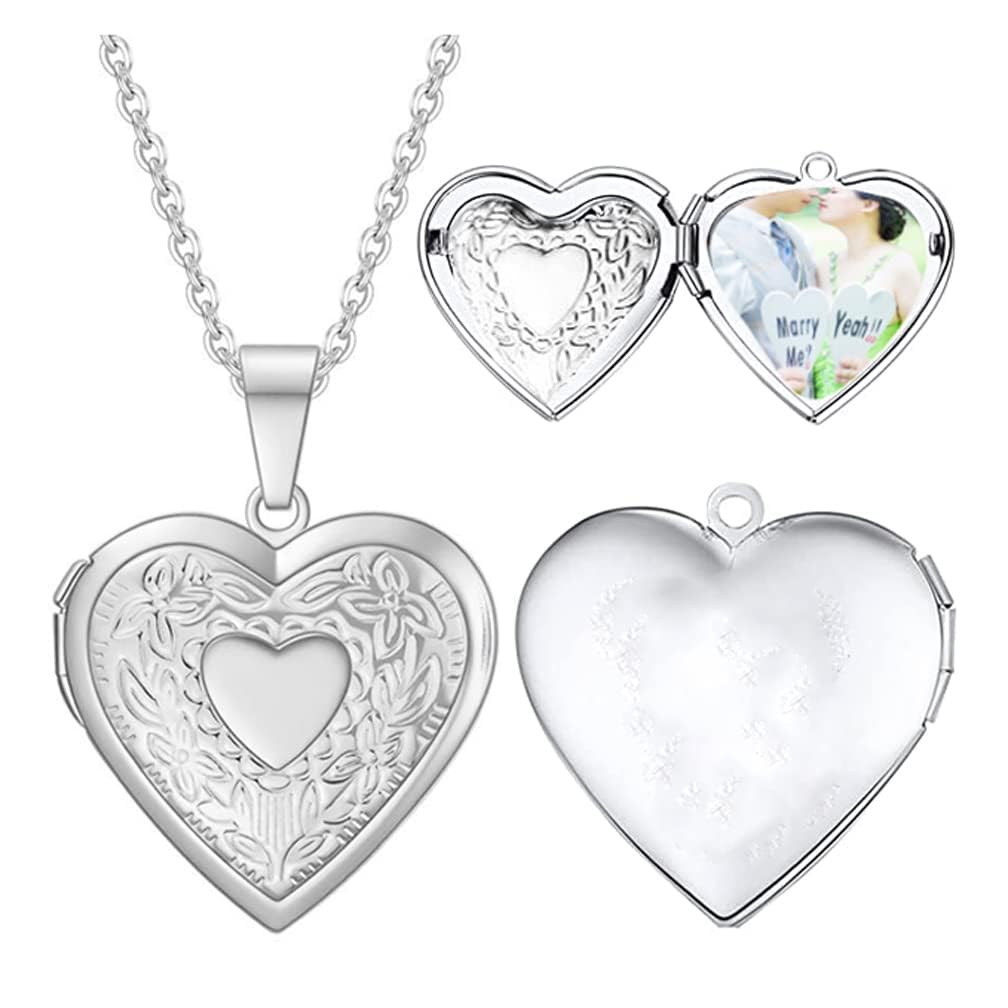 4EAELove Customize Heart Locket Pendant Necklace Can Open DIY Photo Flower Carved Charm Picture Locket Necklace Titanium Stainless Steel