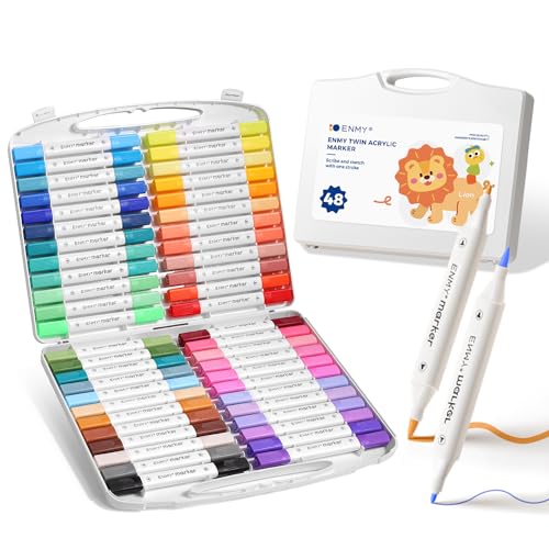ENMY Dual Tip Acrylic Paint Markers 48 Colors Acrylic Paint Marker Pens with Portable Case Acrylic Art Markers for Art & Craft Supplies for Glass Pottery Ceramic Rock Canvas DIY Art Supplies