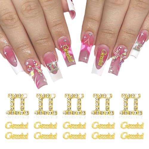 MOLILON 15pcs 3d Gold Gemini Nail Charms 5pcs Zodiac Signs and 10pcs Zodiac Letter Nail Studs Rhinestones Crystal Alloy Twelve Constellation Charms for DIY Crafts Jewelry Decoration Nail Supplies