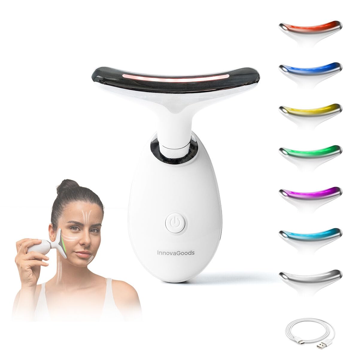 InnovaGoods® Masajeador Facial, 3 Modos de masaje, 7 Colores luz LED, Masajeador Facial Reafirmante, microvibraciones con sensación térmica de 45 ºC. Ideal para lucir un rostro más radiante y relajado