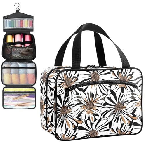 YNNALE Sewing Supply Organizer Bag, Boho Black and Brown Flowers Portable Sewing Bags with Pockets&Hanger, Sewing Storage Box Case for Sew Supplies/Kit/Tools/Accessories (BAG ONLY)