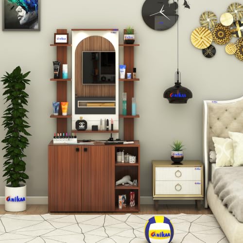 Image of Anikaa Venza Engineered Wood Dressing Table with Wall Mounted Mirror & LED Lights Open Shelf | Makeup Vanity Storage Cabinet with Soft Closed Hinge Door for Bedroom -(Walnut /White) DIY Installation