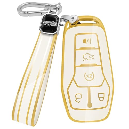 Daemson for Ford Key Fob Cover with Keychain, Premium Soft TPU Full Protection Key Fob Case for Fusion Mustang F150 F250 F350 F450 Edge Explorer Lincoln MKC MKX MKZ 4/5 Buttons Smart Remote (White)