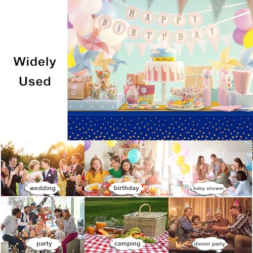 Image of 6 Pack Blue and Gold Tablecloth Party Decorations Plastic Blue Tablecloth Printed Gold Table Runner 54 x108 Inch Disposable Rectangle Table Cover for Birthday Wedding Graduation