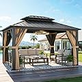YITAHOME 9x11FT Hardtop Gazebo Double Roof Canopy w/Netting and Curtains, Outdoor Gazebo Permanent Galvanized Iron Steel Gazebo for Patio, Backyard, Deck and Lawns, Brown