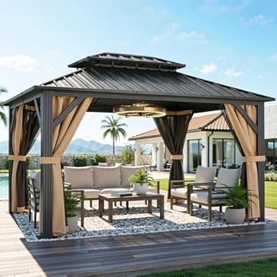 YITAHOME 9x11FT Hardtop Gazebo Double Roof Canopy w/Netting and Curtains, Outdoor Gazebo Permanent Galvanized Iron Steel Gazebo for Patio, Backyard, Deck and Lawns, Brown