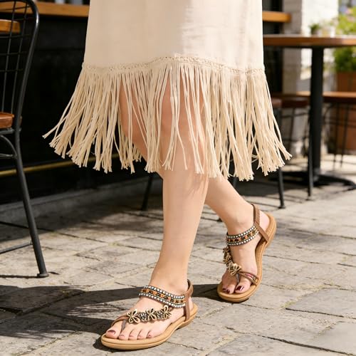 Image of Ablanczoom Flat Sandals for Women Summer: Casual Boho Beaded Toe Ring Dress Shoes - Comfortable Vacation Daily Walking Shoes