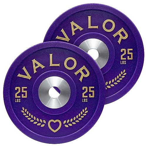 Valor Fitness Polyurethane Olympic Bumper Plates - 25lbs ea. -Set of 2 - Purple Heart Edition Weight Plate - 2 in Center Steel Ring - Military Home Gym Workout Equipment -BPPH-25