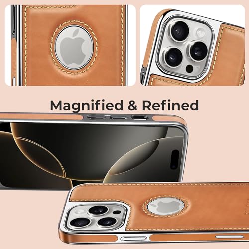Image of PULOKA Chrome Leather Back Case - Compatible with iPhone 16 Pro - Luxury Bumper Case - Flexible Vegan Leather - Electroplated Sides & Logocut - Full Camera Protetection & Raised Edges - TAN
