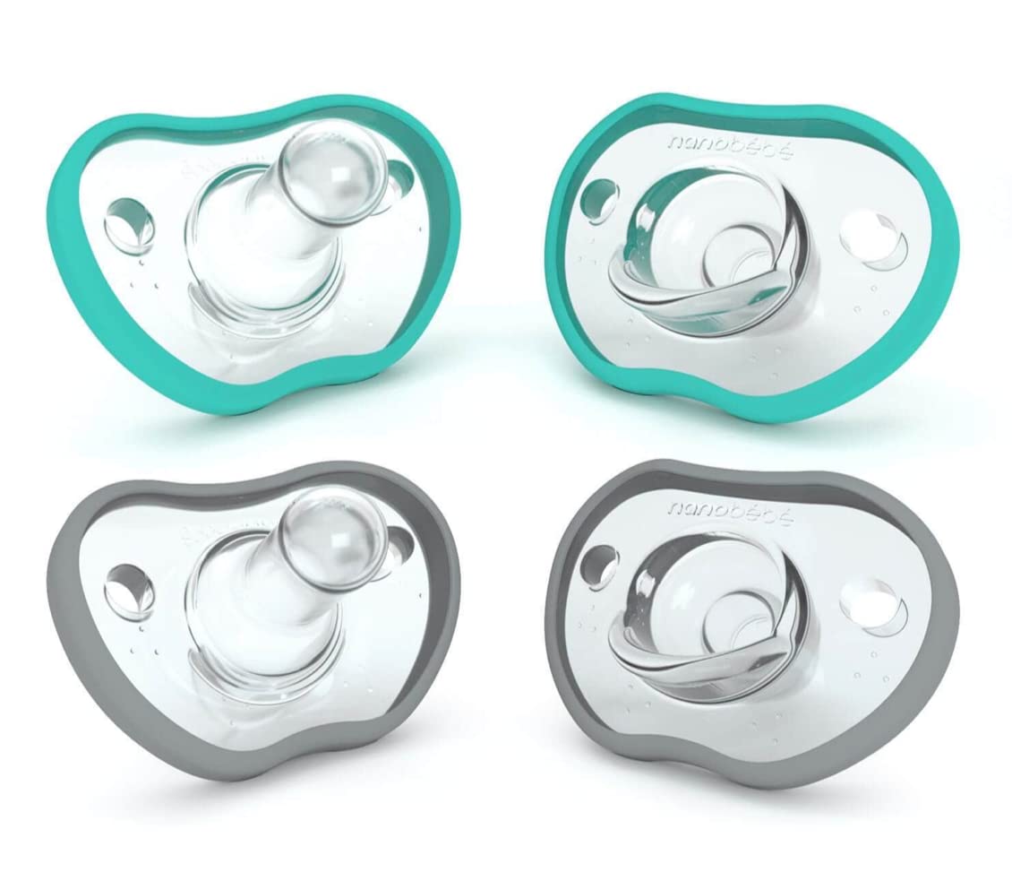 Nanobebe Flexy Baby Pacifiers 3+ Months - Orthodontic, Lightweight and Vented, Curves Comfortably with Face Contour, 100% Silicone - BPA Free, Perfect Baby Registry Gift 4 pack, Teal/ Grey