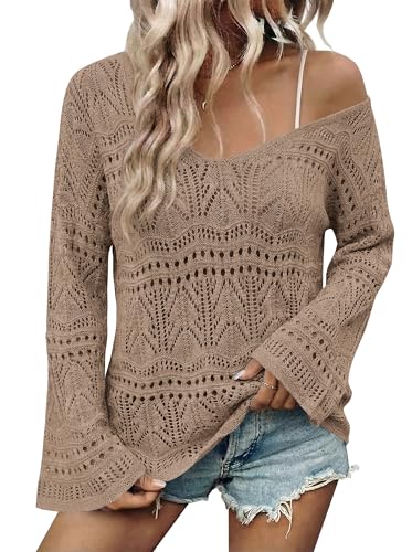 Image of Cakulo Womens Summer Crochet Tops Boho Off Shoulder Sweaters Lightweight V Neck Loose Vacation Resort Wear 2026