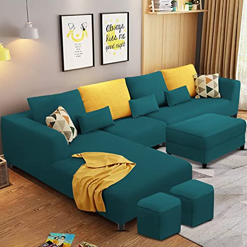 Image of Casaliving Minta 8 Seater L Shape Sofa Set with Ottoman & 2 Puffy for Living Room (8 Seater LHS, Pine)
