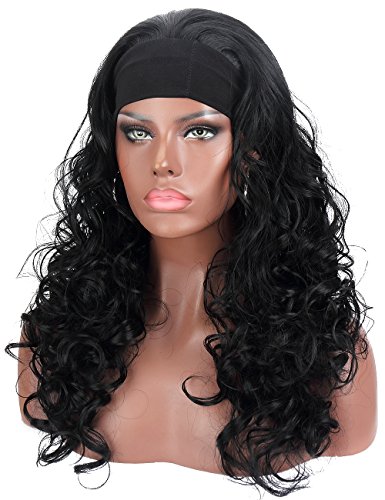 Kalyss 3/4 Half Wig With Black Headband Women's Black Color Long Curly Wavy Synthetic Wig for Women
