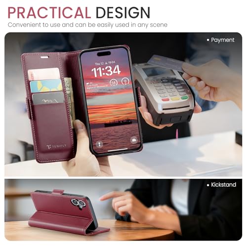 Tenifly for iPhone 17 Case Wallet with RFID Blocking Card Holder, PU Leather Kickstand Protective Flip Phone Cover Fit for iPhone 17 6.3" Wine Red by Tenifly - Used condition - Image 3