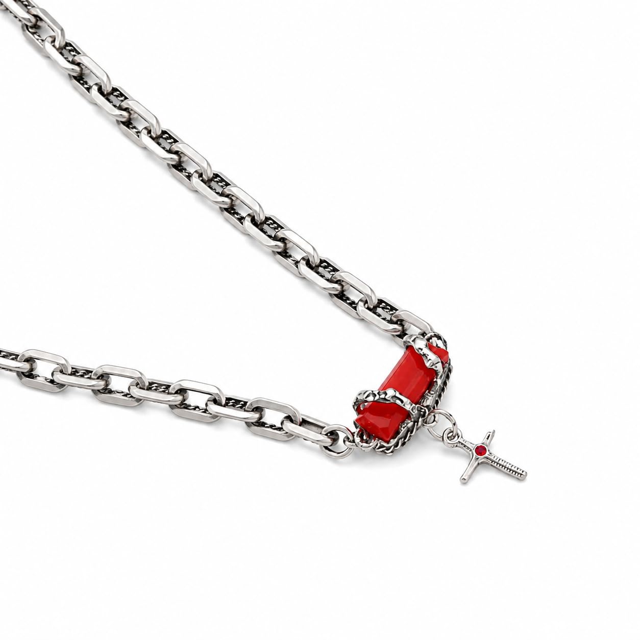 Mens Vintage Gothic Red Crystal Pendant Necklace, Silver Tone-image-28