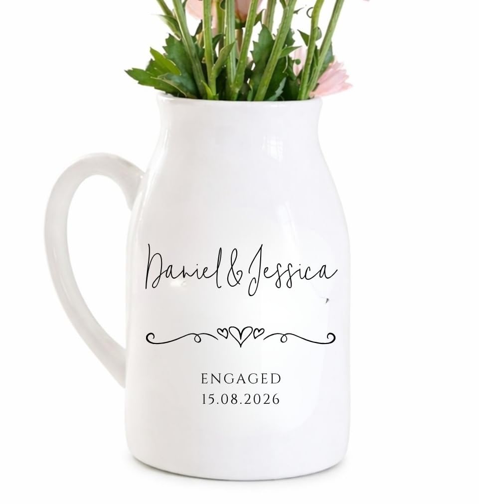 UNIQUEPGIFTS Personalised Engagement Vase – Engagement Gift for Couple, Newly Engaged Keepsake, Small Ceramic Flower Jug, 12.5cm