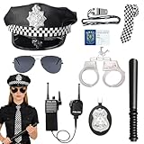 9 Stück Polizei Kostüm Zubehör, Polizei Kostüm Set, Polizei-Zubehör Mit Handschellen Kinder, Polizeimütze, Walkie, Talkies, Abzeichen, Baton, Pfeife, Brille, Polizeidienstausweis Für Karneval Cosplay