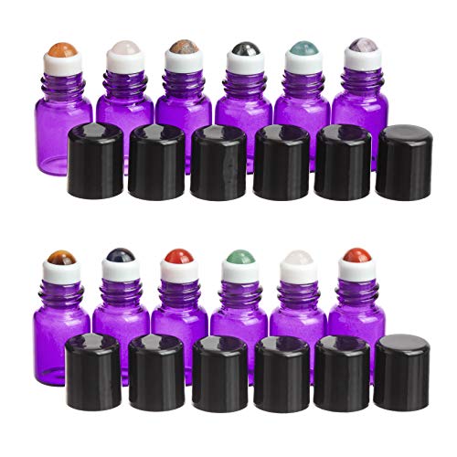 2 ml Purple Glass Vials with Gemstone Roller Balls and Black Caps Pack of 12