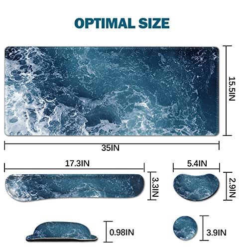 Image of ArtSo Gaming Mouse Pad Extended, Keyboard Wrist Rest Pad & Wrist Support Abstract Mousepad Set, Non-Slip Base, Memory Foam Desk Mat, Ocean Waves