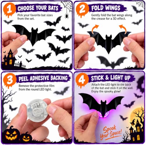 36 Pack LED Halloween Bat Decorations, Light Up 3D Bat Wall Decor, Glowing PVC Bat Stickers in 3 Sizes, Removable Halloween Decorations for Indoor Outdoor Walls, Windows, Party, Haunted House (Black) - image 6