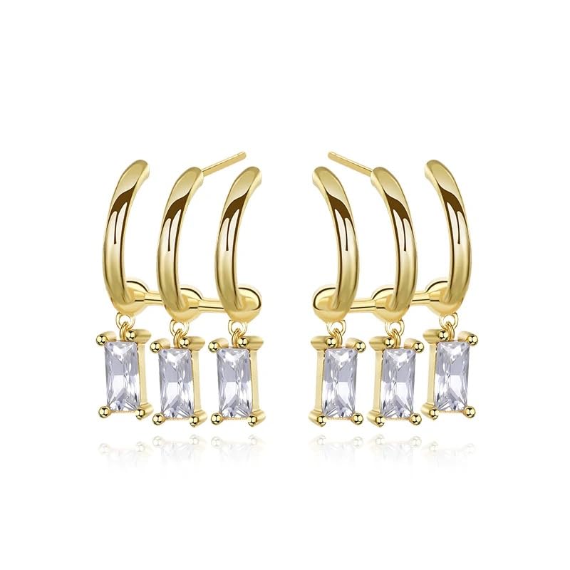 Triple Hoops Earrings with Diamond - 18k Gold Plated Triple Hoop Earrings, Layered Look, Diamond, Earrings for Women