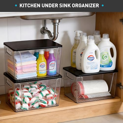 Image of Heyuzb Pantry Organizers Storage, 2 Pack Large Clear Storage Bins with Bamboo Lids for Onion, Potato, Garlic, Canned Food, Organizer Bins for Under Sink, Kitchen, Countertop, Bathroom