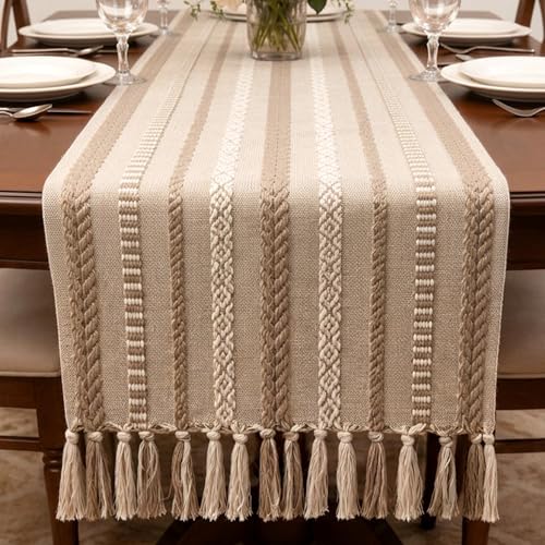 Image of Encasa XO Boho Cotton Jacquard Table Runner for 8 to 10 Seater | 32x300 cm, Beige | Handcrafted Jacquard Weave | Decorative Tassels | Rustic Table Surface Protection