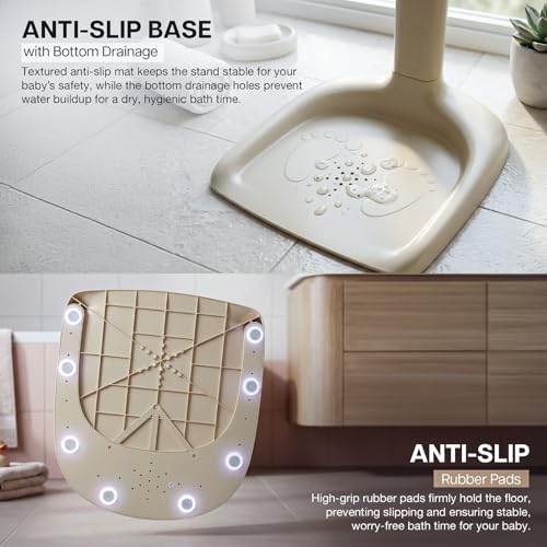 Image of BAYBEE Babyflo Shower Bath Stand for Baby for 0 - 3 Years for Kids | Baby Standing Bath Stand with Adjustable Height & Width | Foldable Kids Bathstand with Shower Holder & Anti-Slip Base (Beige)