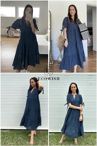 ECOWISH Women Summer Casual Dress - V Neck Short Sleeve Gingham Midi Pleated Tiered Loose Fit Holiday Picnic Dresses3