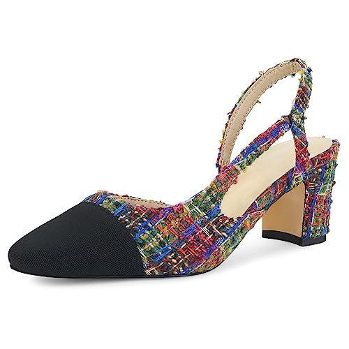 Image of MICIFA Slingback Heels for Women,Round Toe Chunky Heeled Pumps Ankle Strap Fashion Splicing Dress Shoes