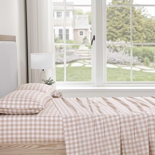 Image of Stone Cottage - Sheet Set, Crisp & Breathable Percale Cotton Bedding with Matching Pillowcases, 200-Thread Count, Deep Pocket, Vintage Inspired Home Essentials (Cottage Check Beige, King)