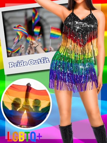 Image of Kaei&Shi Sequin Fringe Romper,Sparkly Glitter Metallic Jumpsuits For Women,Backless Shorts Dress Disco Birthday Dance Outfit