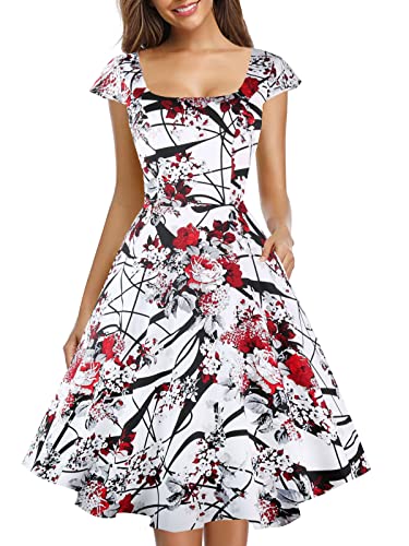 PUKAVT Vestido de cóctel para mujer, manga casquillo, estilo retro de los años 50, con vuelo, con bolsillos, Pintura, XXXL