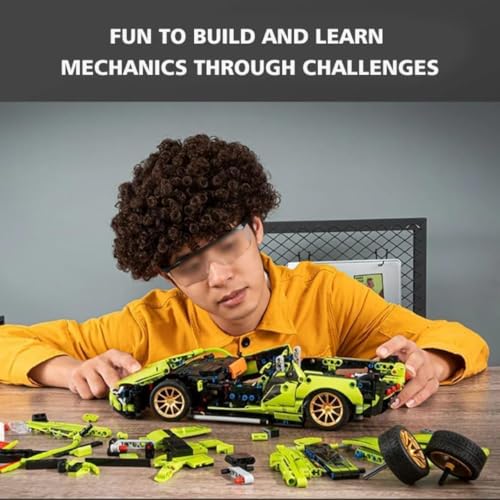Image of Lime Green Supercar Building Blocks Set for Kids & Adults - Technic Sports Car Model Kit with Opening Doors, Detailed Engine & Alloy Wheels - Educational STEM Toy Gift for Boys 8+ Years