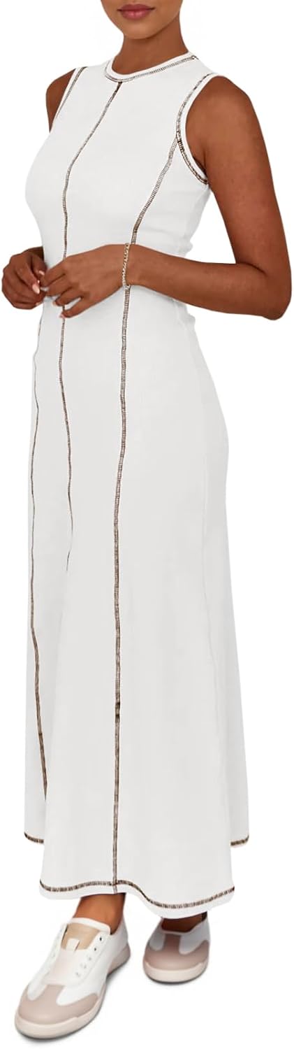 Wenrine Womens Tank Maxi Dress Sleeveless Crew Neck Knit Ribbed Summer Contrast Stitch Dresses - Image 4