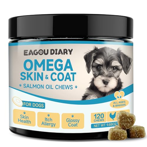 Aceite de Salmón Omega 3 para Perros - Suplemento para Piel y Pelaje de Perros, Alivio Picazón en Piel, Alivio Alergias en Mascotas, EPA y DHA, Vitaminas y Minerales, 120 Bocadillos