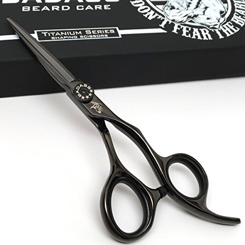 Badass Beard Care Titanium Series Barber Quality Beard Shaping Scissors - 5.25 inches long, Surgical Grade Stainless Steel (HRC 56-57), Hand adjustable tension knob