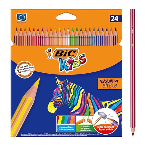 BIC Kids Evolution Stripes Lápices de colores - colores Surtidos, Blíster de 24 unidades