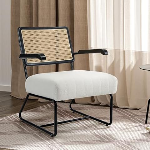 Dorlicecass Accent Chair- White Vanity Chair Living Room Chairs Mid-Century Modern Style Breathable Mesh Rattan Backrest Comfortable Velvet Seat Oversized Accent Chairs for Bedrooms Reading Office Cover