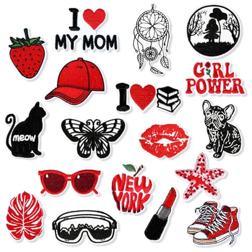 JSRQT 18 Pièces Patches Thermocollants pour Vêtements, Écussons Brodés Autocollants Rouges Noirs pour Adulte Enfant, Patches Stickers Coudre Réparer sur...