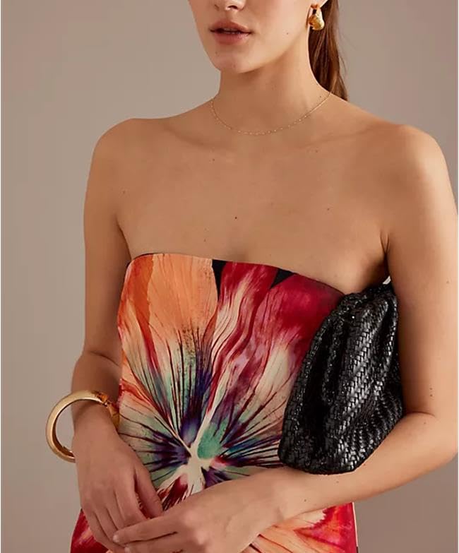 Image of Women Floral Strapless Maxi Dress Y2K Bodycon Tube Long Dresses Sexy Party Formal Cocktail Beach Slit Dress