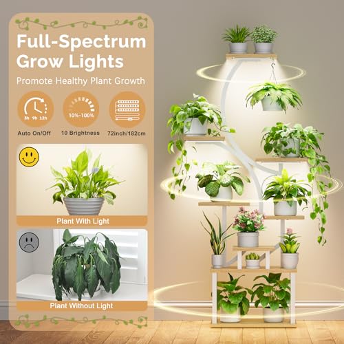 Image of Plant Stand with Grow Lights for Indoor Plants, 8-Tiered Tall Corner Plant Shelf with Full Spectrum Light, S-Shaped Space-Saving Narrow Flower Holder, Anti-Tip for Living Room Bedroom Office, Natural