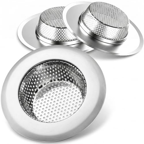 Product Image of the Helect 3-Pack Kitchen Sink Strainer, Stainless Steel Drain Filter with Large 4.5' Wide Rim, Dishwasher Safe, Anti-Clog Perforated Basket for Standard Drains, Garbage Disposals & Utility Tubs
