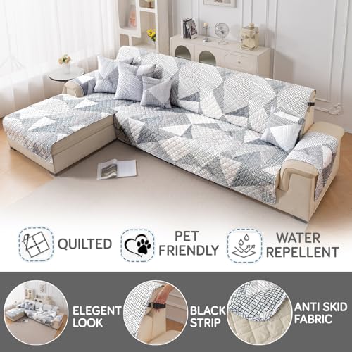Image of HOKIPO 'Elira Series' Printed Quilted One-Piece L Shape 4 Seater (2+2) Sofa Cover with Left Chaise | Anti-Slip Design, Snow White Black Geometry (AR-5373-C9)