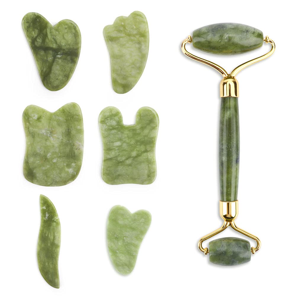 Juego de herramientas de masaje facial de rodillo de jade masajeador facial de piedra natural Guasha tabla de masaje Gua Sha Raspador de jade Rodillo y kit de guasha-B sin caja