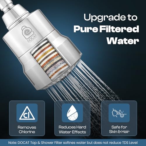 Image of DOCAT Shower Filter for Hard Water | Wall Mounted Water Softener with Multi-Layer Cartridge | Removes Chlorine, Dirt & Odor | Reduces Hair Fall & Skin Dryness | Bathroom Tap & Shower Filter