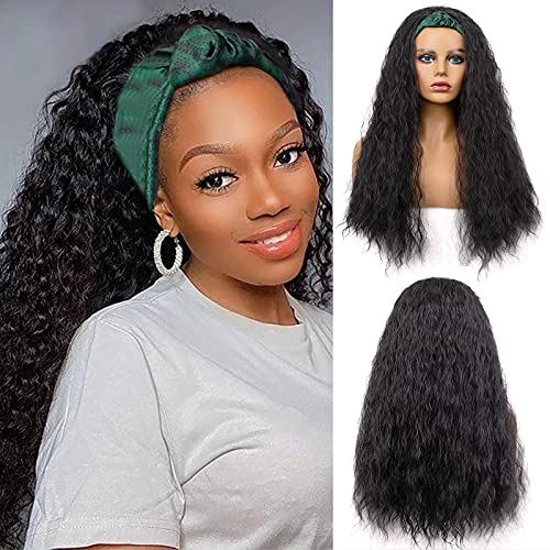 Headband Wigs for Black women Water Wave HeadBand Wig None Lace Front Wigs for Black Women Machine Made Headwrap Wigs (Green Turban Wig)