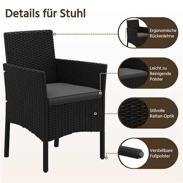 Yaheetech Rattan Gartenmöbel-Set, 4-teilig, Outdoor Lounge Möbel, Tisch, 2 Stühle, 2-Sitzer-Bank, mit Outdoor Kissen wetterfest, Terrassenmöbel, für Terrasse (Schwarz (Rattan) & Grau (Kissen))